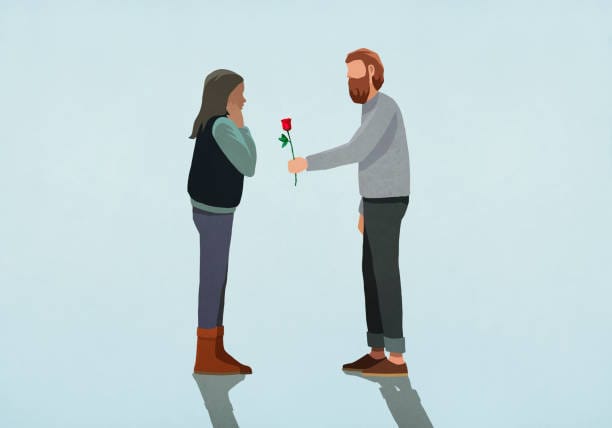 Man giving rose to surprised girlfriend