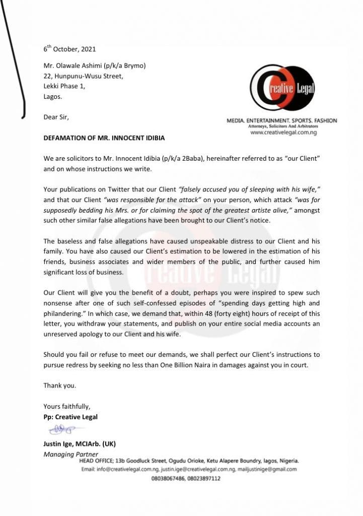 2Face Idibia Threatens Brymo With N1 Billion Defamation Suit 9 20211007 121110