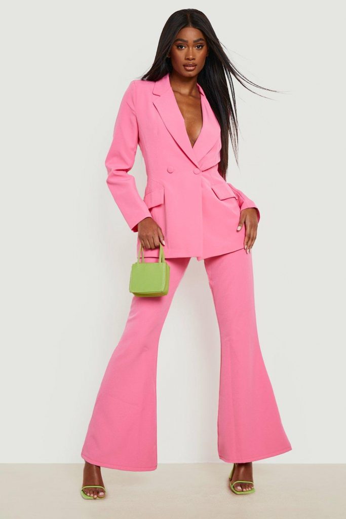 female bright pink plunge tailored fitted blazer