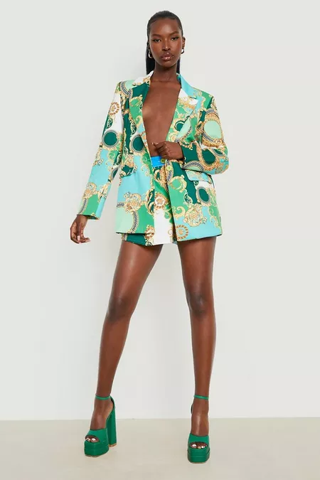 womens bright green scarf print tailored blazer