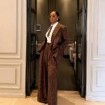 brown pinstripe suit