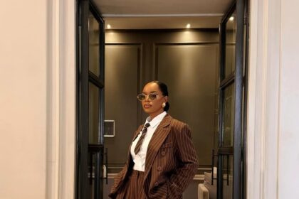 brown pinstripe suit