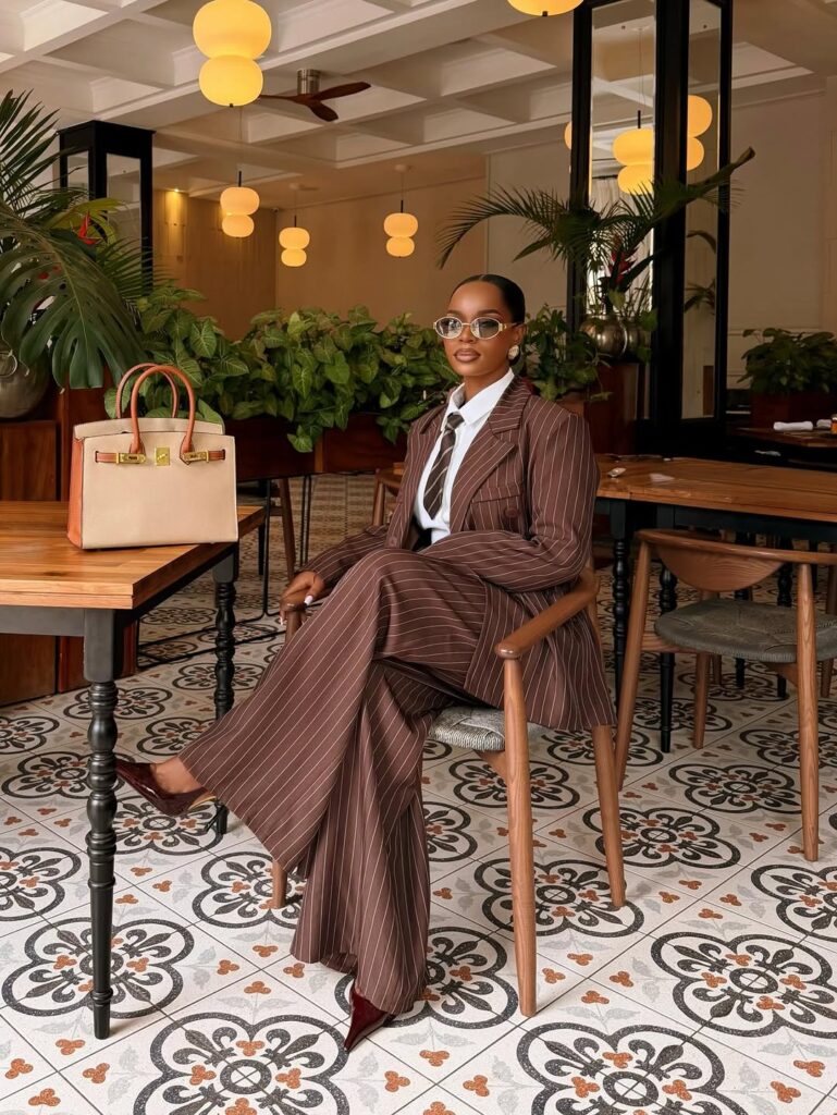 brown pinstripe suit